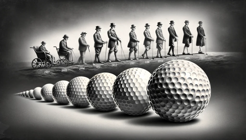 a historical image that provides a visual comparison of older golf ball designs to modern ones