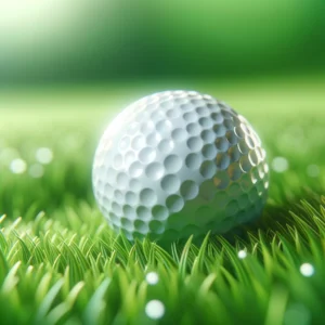 DALL·E 2024 02 13 00.21.11 A realistic photograph of a white golf ball with visible dimples placed on fresh green grass. The environment appears vibrant and fresh ensuring the